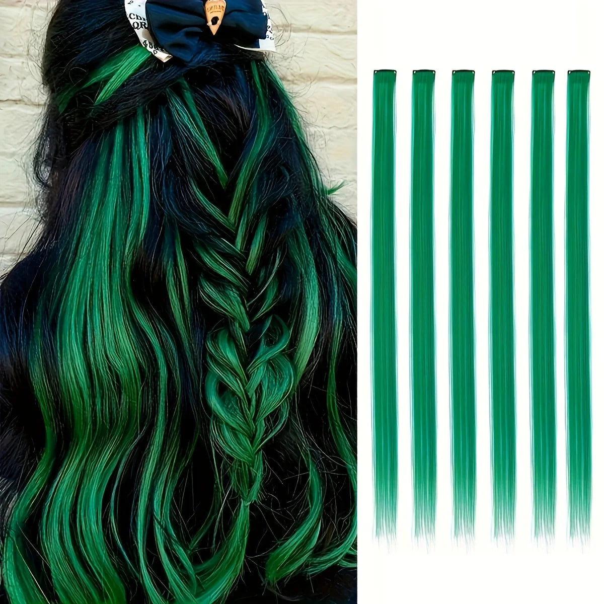 A set of 24 inch colored hair extensions featuring dark green and black hair strands.