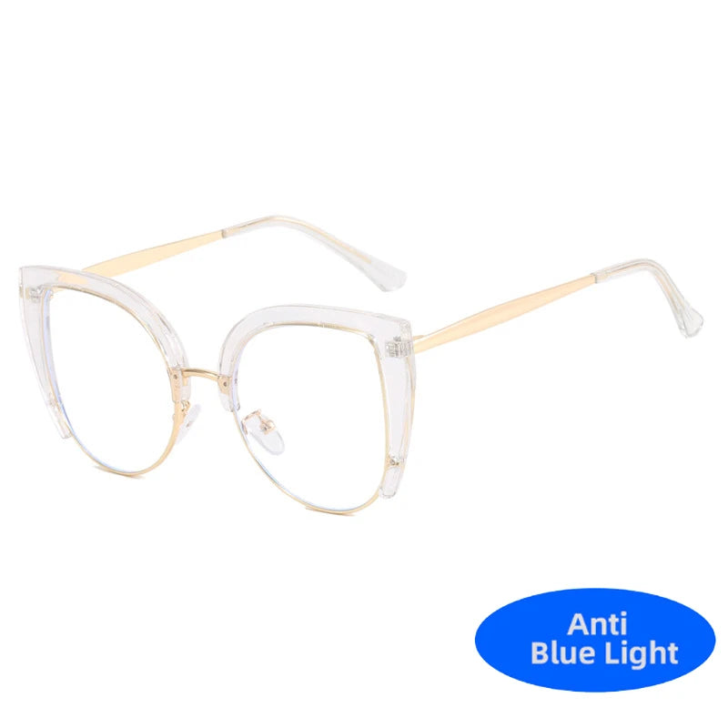 Vintage metal cat eye anti-blue light eyeglasses with clear frames and gold accents