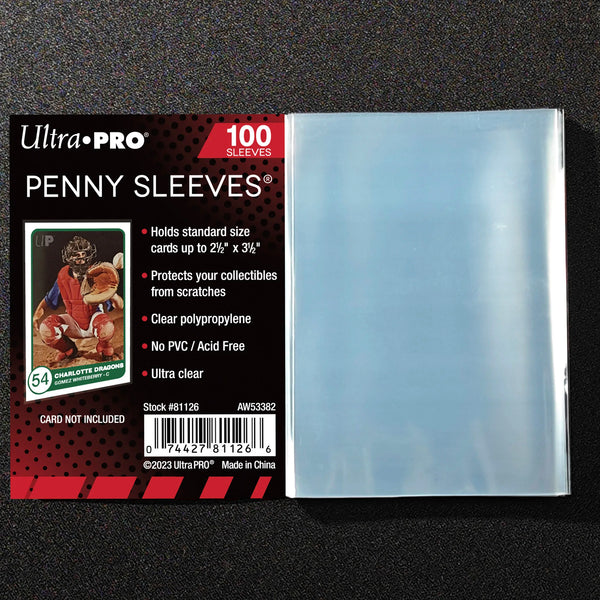 A package of 100 clear penny sleeves for protecting cards and collectibles.