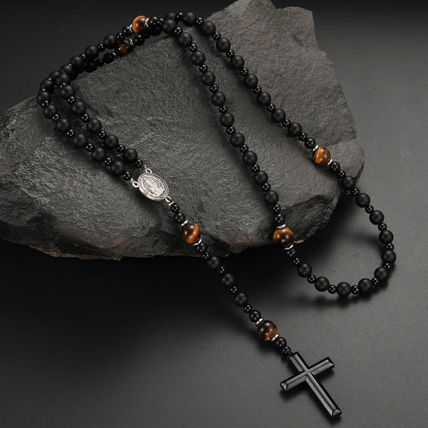 Black obsidian and tiger's eye beads on a string with a silver cross pendant necklace