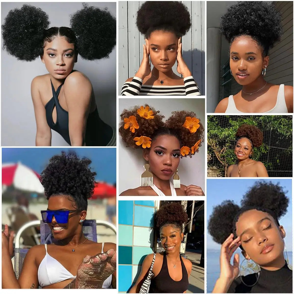 A collage of women showcasing various styles and colors of Afro Puff Drawstring Ponytail hair