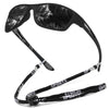 Black polarized outdoor sunglasses with a black strap shown against a white background.