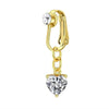 A gold-colored fashion belly button ring featuring a clear diamond and a heart-shaped gemstone.