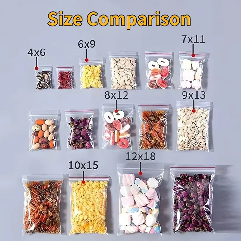 A comparison of various sizes of clear zip lock storage bags filled with different colored dried ingredients like nuts, fruit