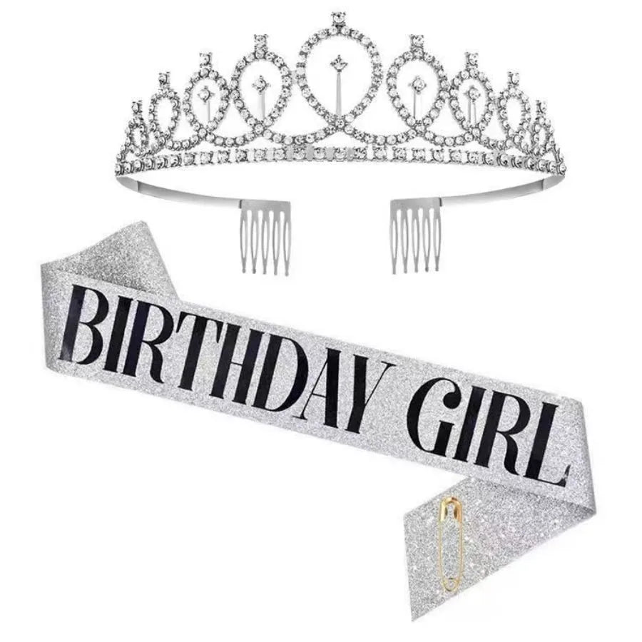 Silver rhinestone tiara crown and glittery birthday girl sash