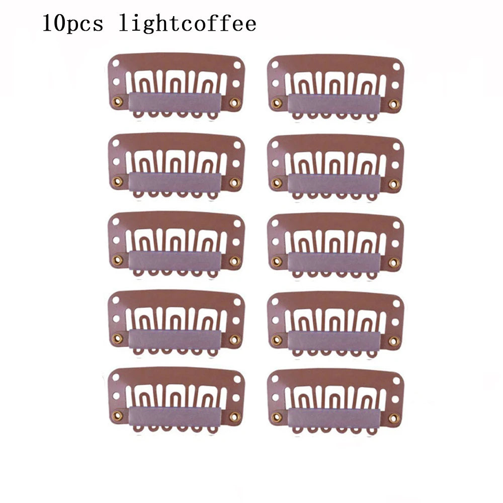 Ten pieces of light coffee colored precision snap hair extensions for bangs