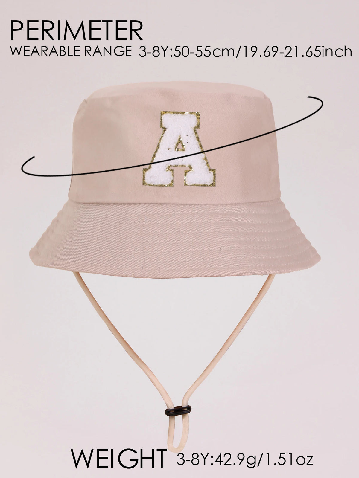 Beige perimeter sun hat with a gold letter A print and a light beige strap