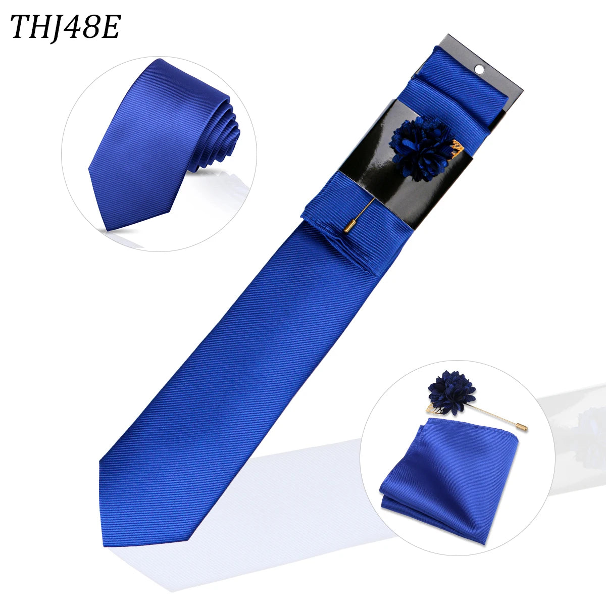 Juego de corbata de seda azul real con corbata, pañuelo de bolsillo y prendedor floral para solapa.