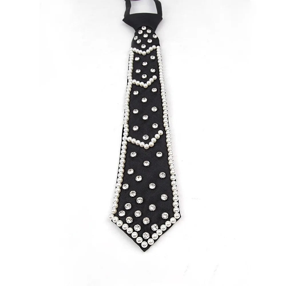 Elegant black tie adorned with sparkling rhinestones and pearls for academic or daily wear