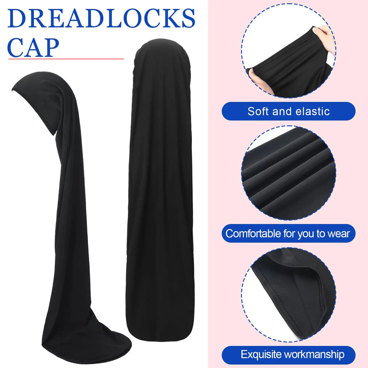 Black dreadlocks cap shown in various forms, highlighting its soft knit texture and workmanship.