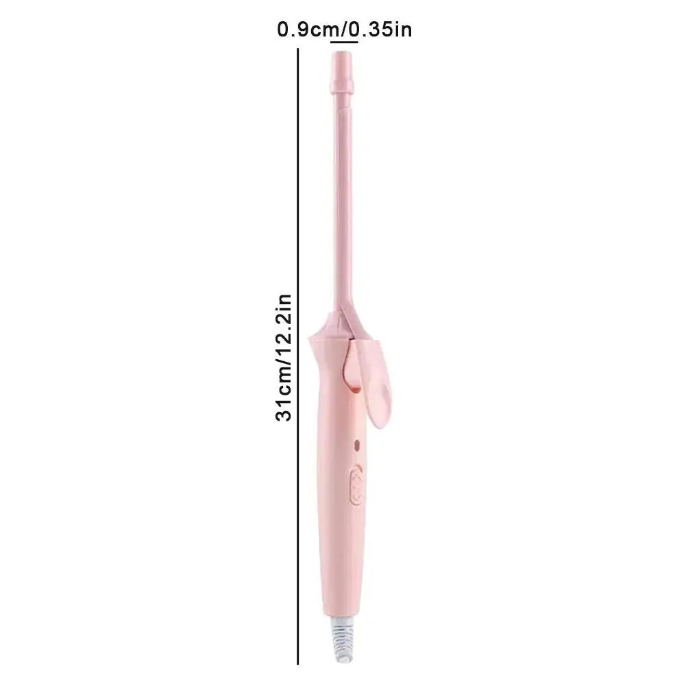 A pink mini ceramic curling iron with a long barrel and a small tip.