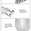 Details of a stainless steel Cuban link necklace showing quality control, clasp material screening, vacuum plating, and gold-