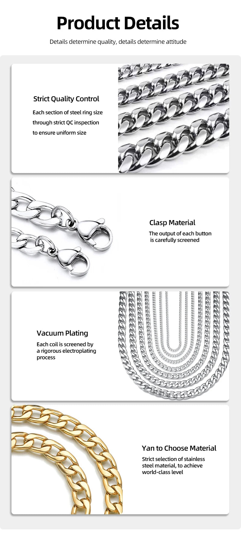 Details of a stainless steel Cuban link necklace showing quality control, clasp material screening, vacuum plating, and gold-