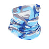 A close-up of a multi-use sun protection head scarf featuring a blue and gray camouflage pattern.