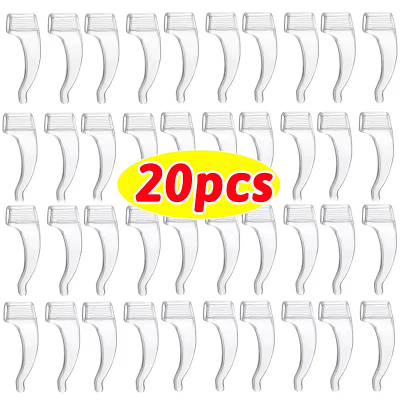 A set of clear silicone anti-slip ear hooks for eyeglasses.