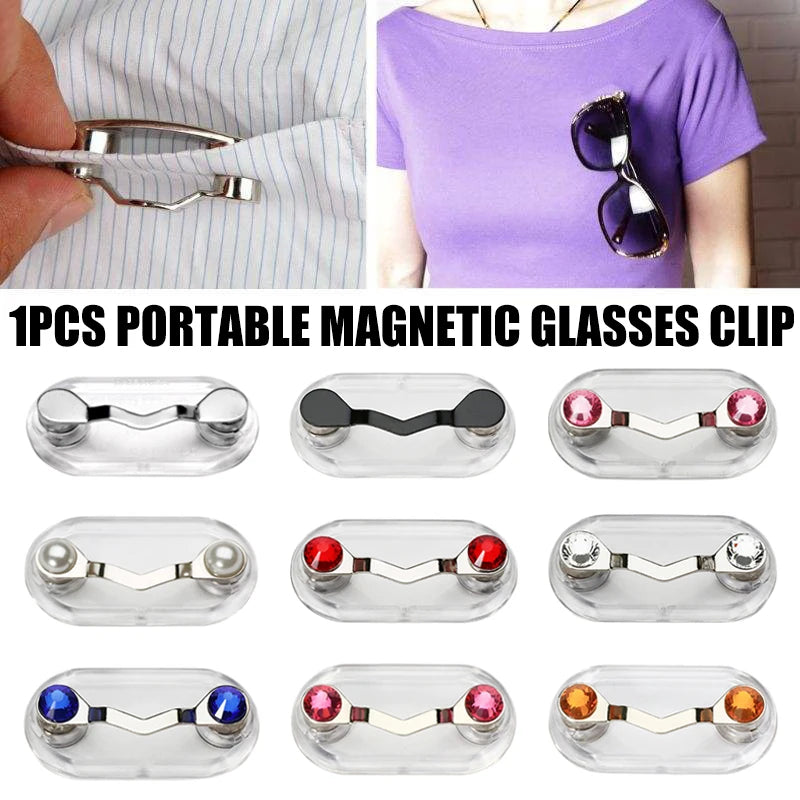 A set of 9 portable magnetic glasses clip holders in clear plastic and silver metal, shown against a purple shirt.