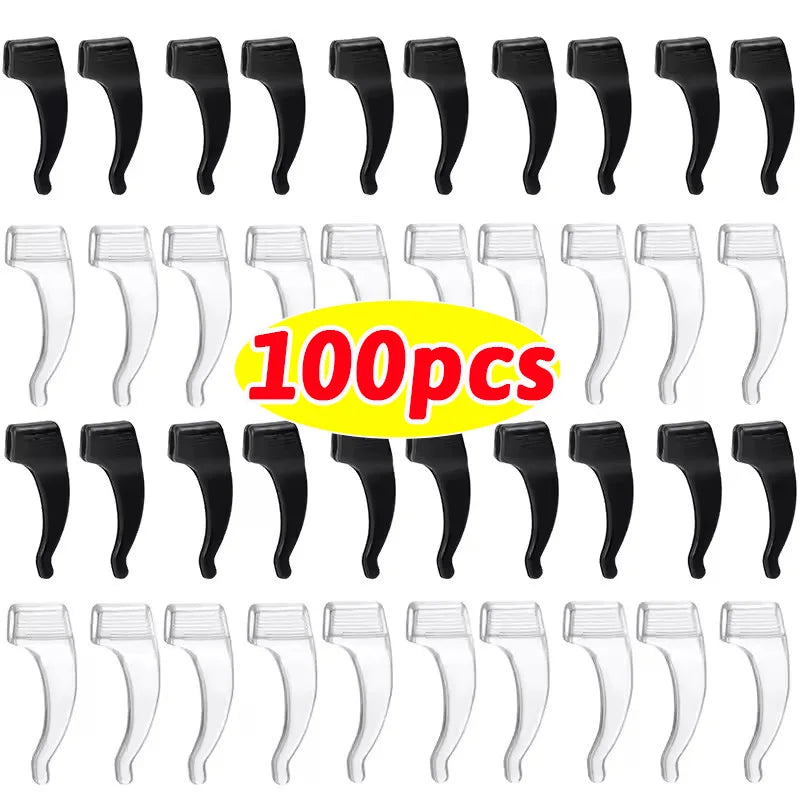 A collection of silicone anti-slip ear hooks for eyeglasses, shown in various sizes and angles.