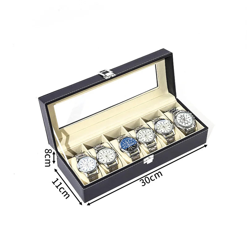 Schwarze Leder-Uhrenschatulle mit Klappdeckel, die mehrere silber- und blaufarbene Armbanduhren zeigt.