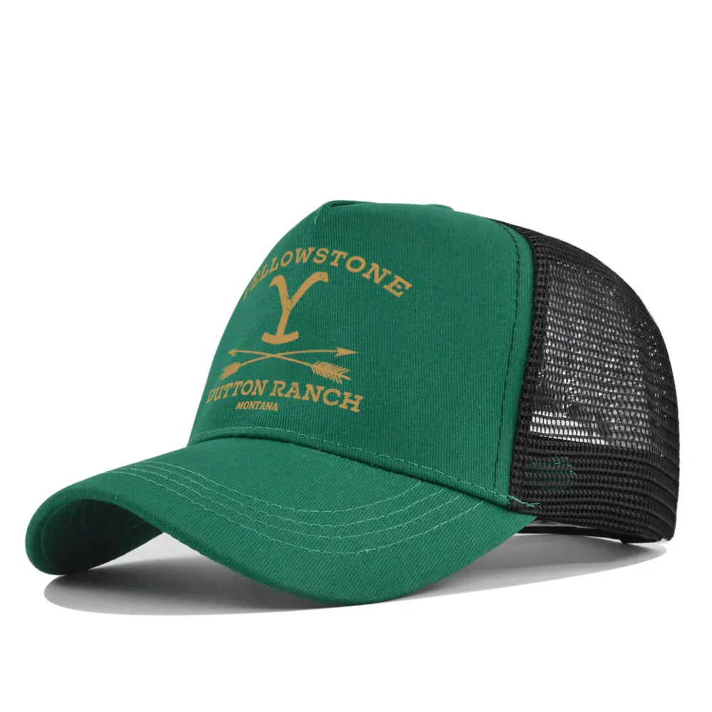A dark green baseball cap with a black mesh back and gold embroidered lettering featuring a Y and the text Dutton Ranch Monta