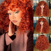 A close-up of a woman modeling a red ginger curly wave wig with bangs, shown in various views.