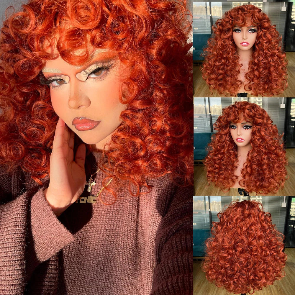 A close-up of a woman modeling a red ginger curly wave wig with bangs, shown in various views.