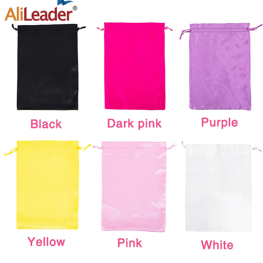 A collection of satin storage bags in various colors including black, dark pink, purple, yellow, pink, and white.