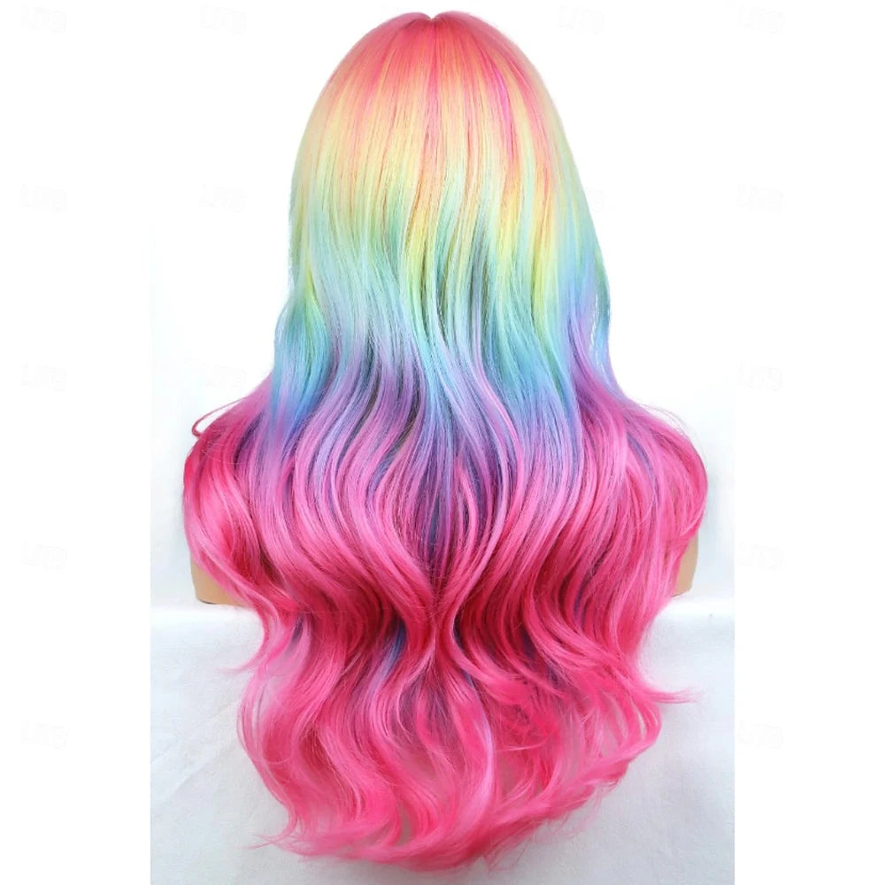 Long pink hair with a rainbow ombre effect featuring blue, green, and yellow tones