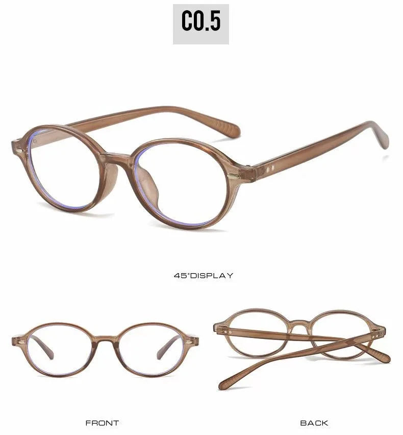 A pair of round, light brown computer glasses shown from the front and back.