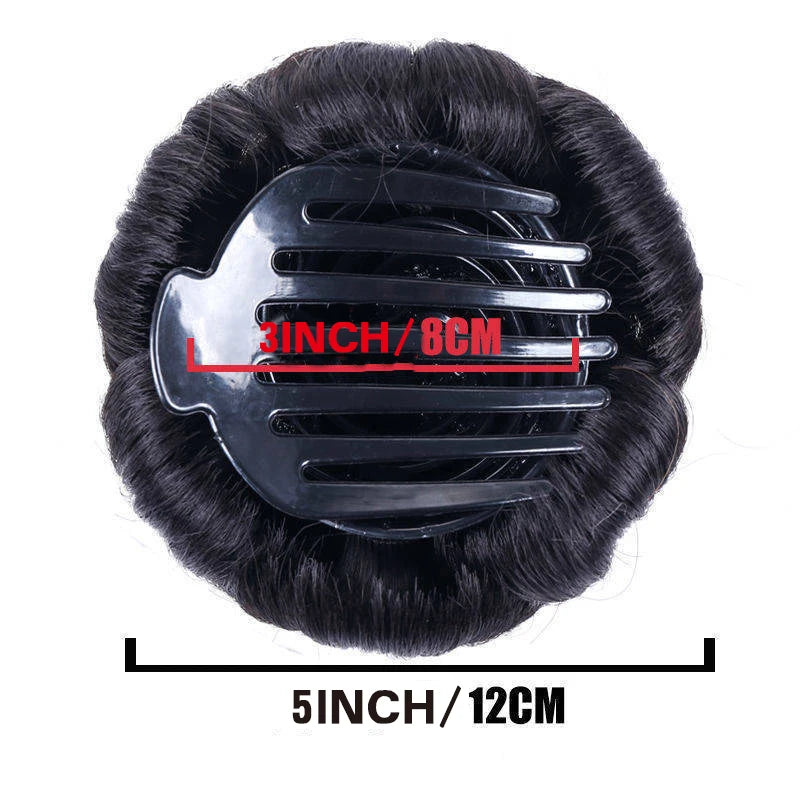 Black synthetic curly hair bun clip-in hairpiece with a 5 inch length shown against a white background.