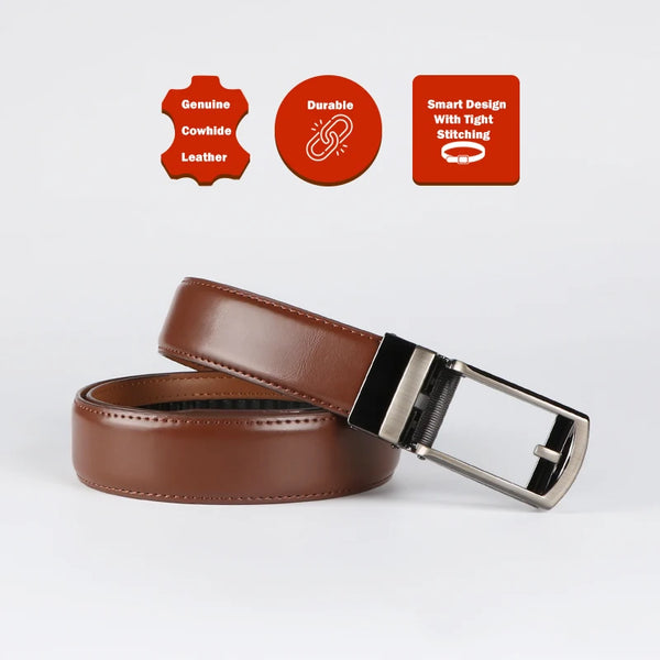 A brown genuine leather ratchet belt with a silver buckle and branding icons for durability and smart design.