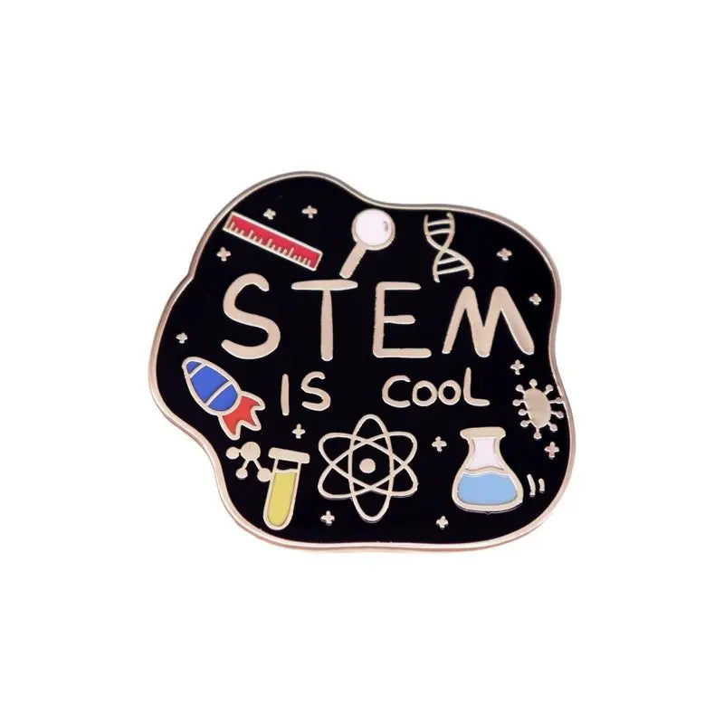 A black lapel pin featuring the word STEM with various scientific symbols like a ruler, DNA helix, and an atom.