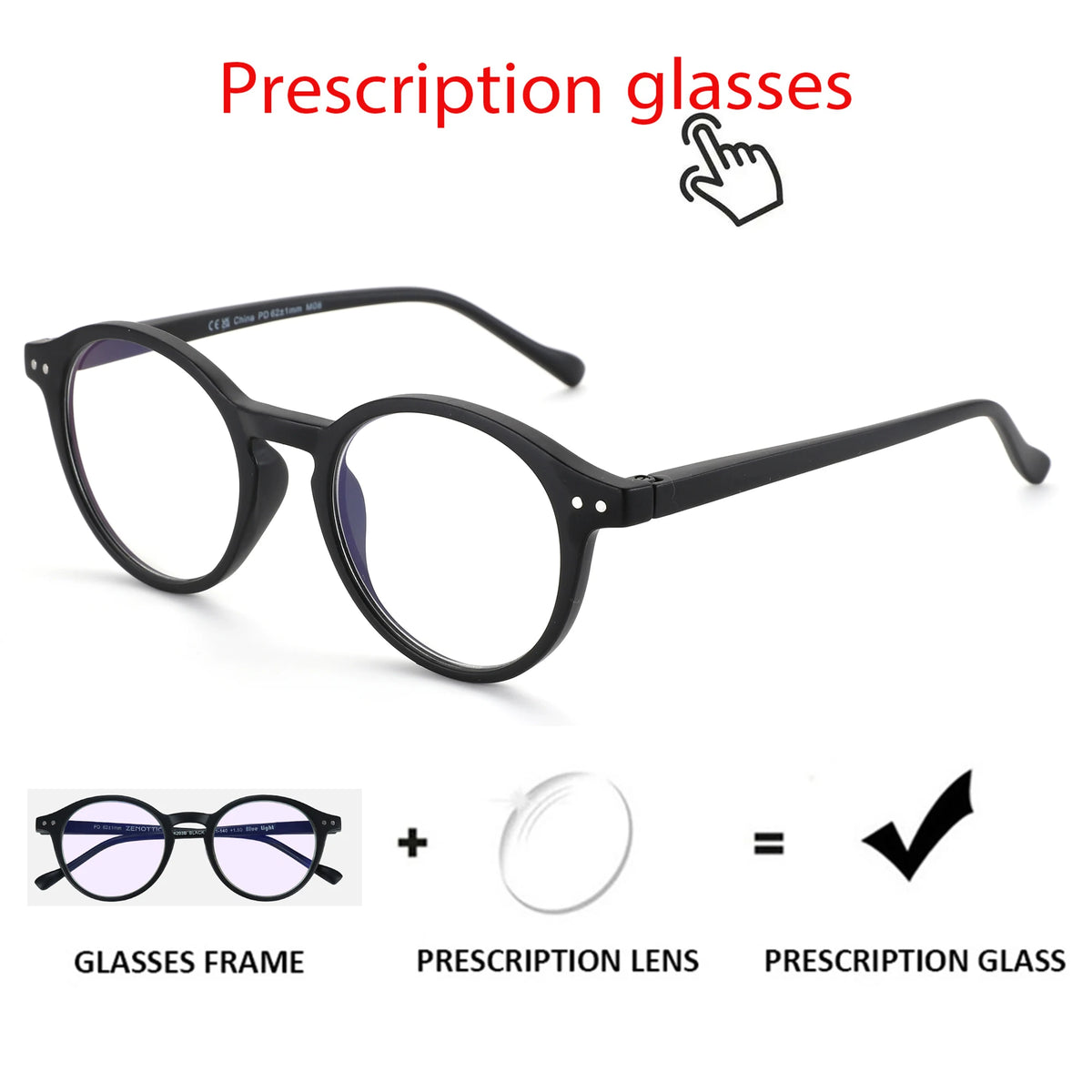 A diagram showing the components of prescription glasses: frame plus lens equals a finished prescription glass.