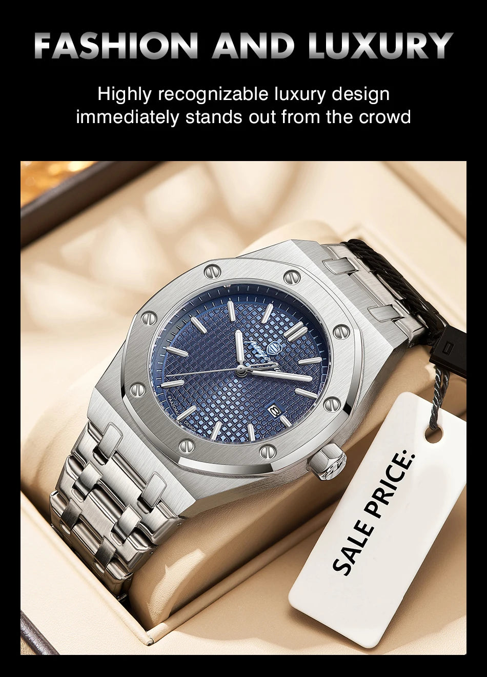 A silver luxury square quartz men's watch is displayed in a box with a white sale price tag.