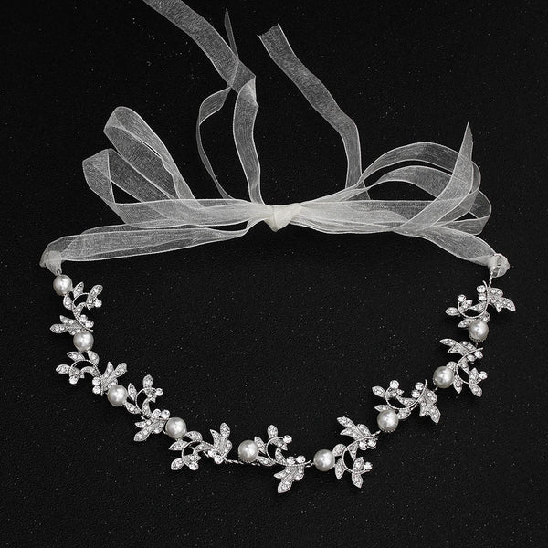Elegant floral pearl and rhinestone tiara headpiece with sheer ribbon detail.