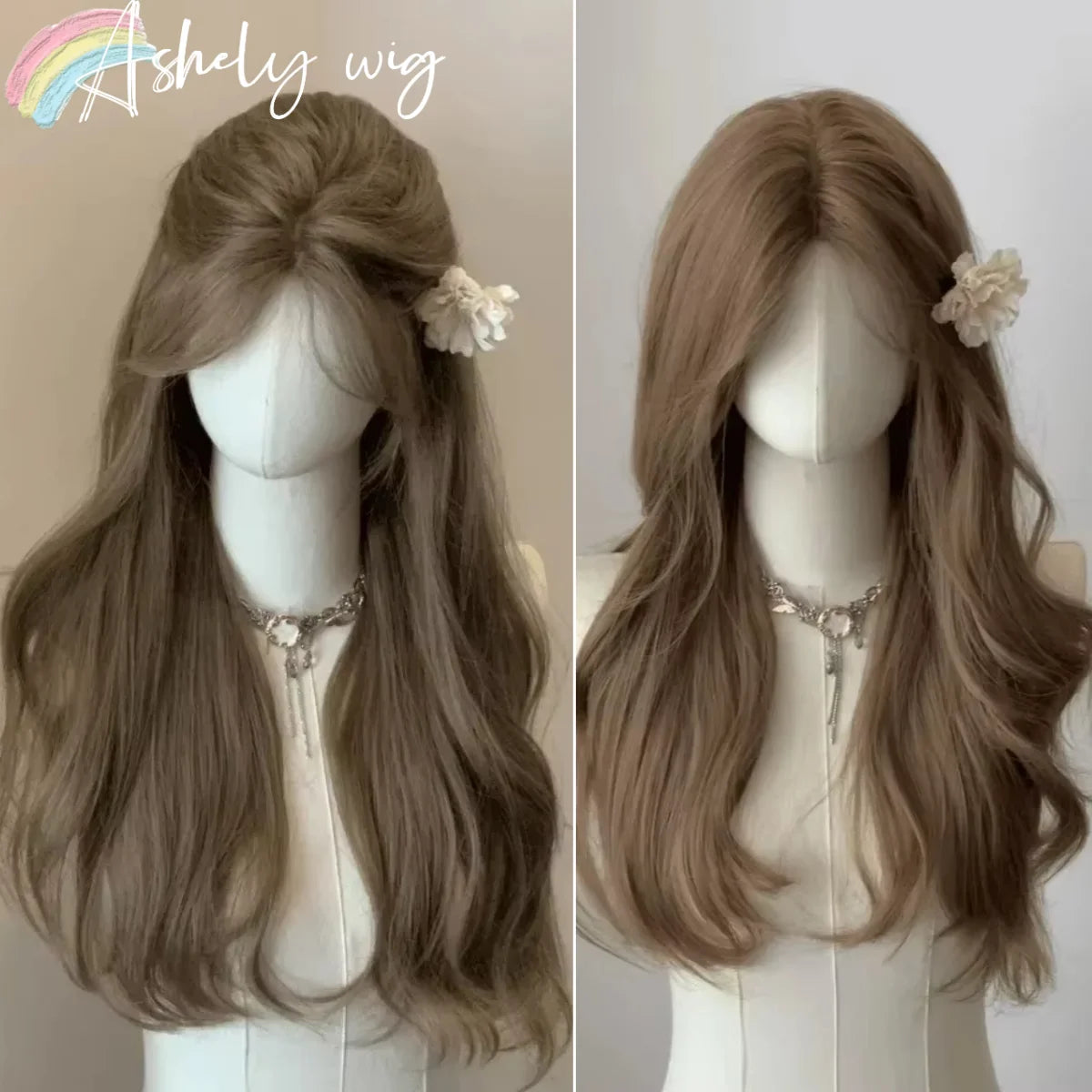 A long wavy brown wig displayed on a mannequin, showing the hair from the front and side angles.
