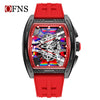 A red luxury wine barrel quartz watch with a black strap and an intricate dial visible.