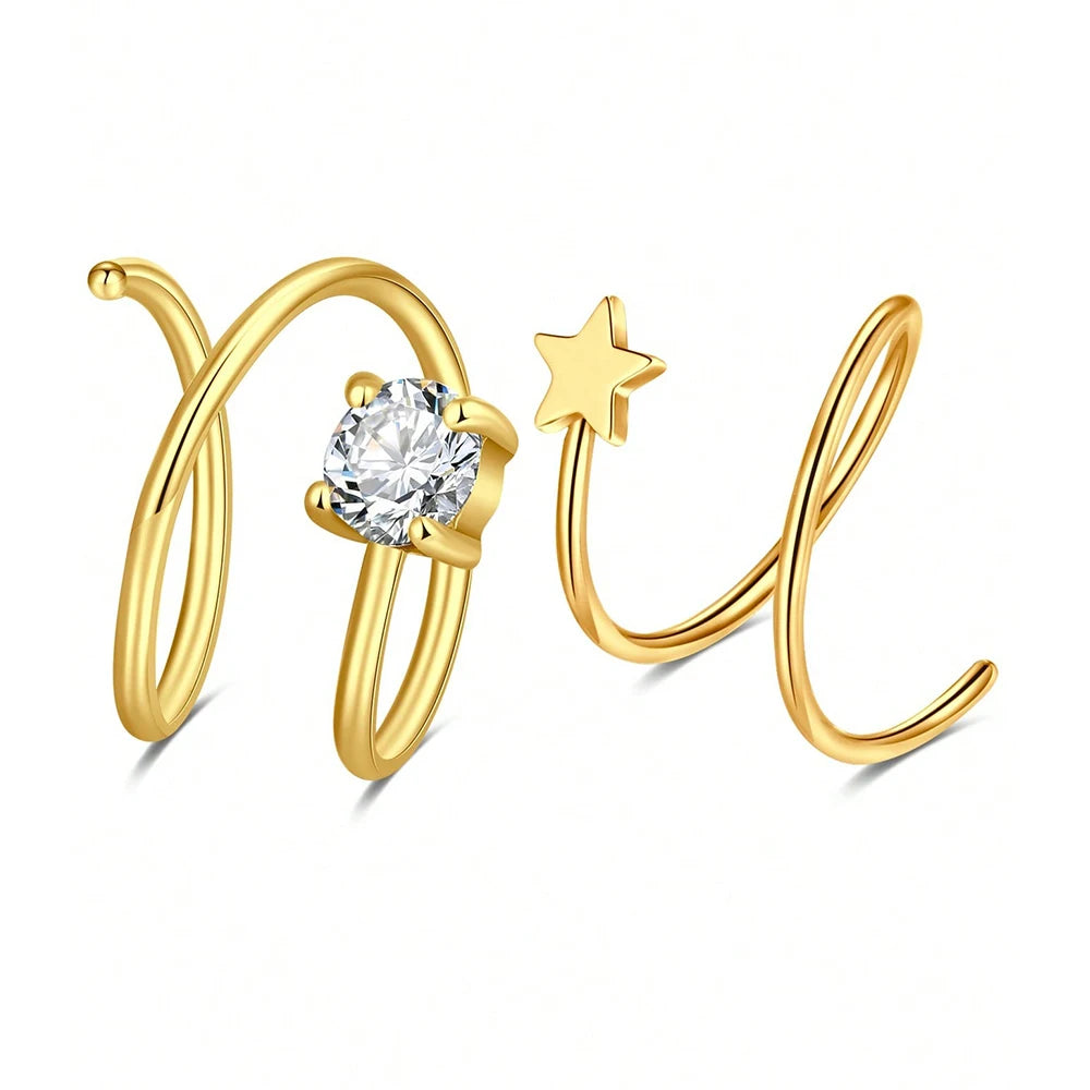 Aros de nariz dobles tono dorado con piedra de circonita cúbica brillante y dije de estrella.