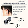 A pair of black sunglasses with large ear hooks shown against a white background.