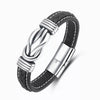 A black leather bracelet featuring a silver knot design and a polished metal clasp.