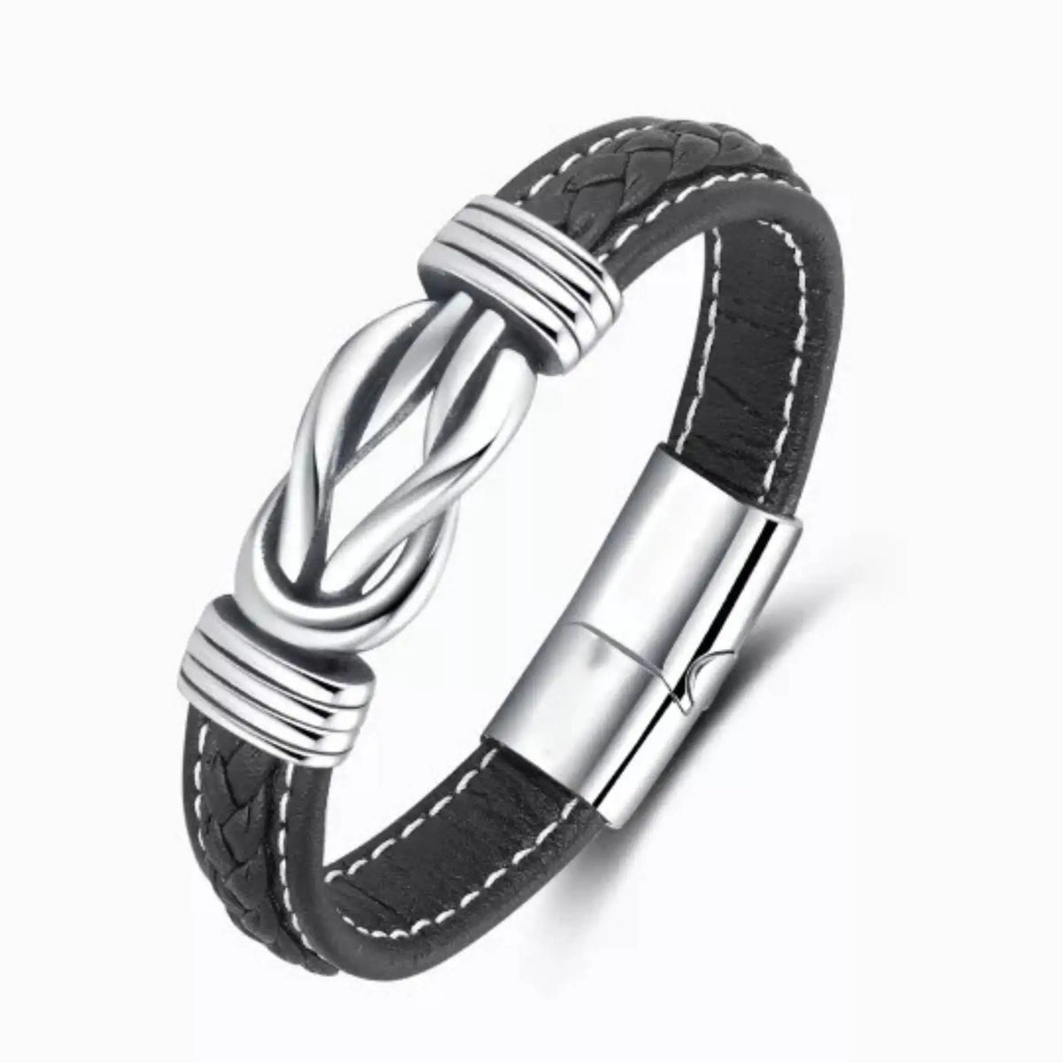 A black leather bracelet featuring a silver knot design and a polished metal clasp.