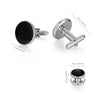 Un set d'”（boutons de manchette et pinces à cravate pour hommes) en métal argenté et pierres d'onyx noir.