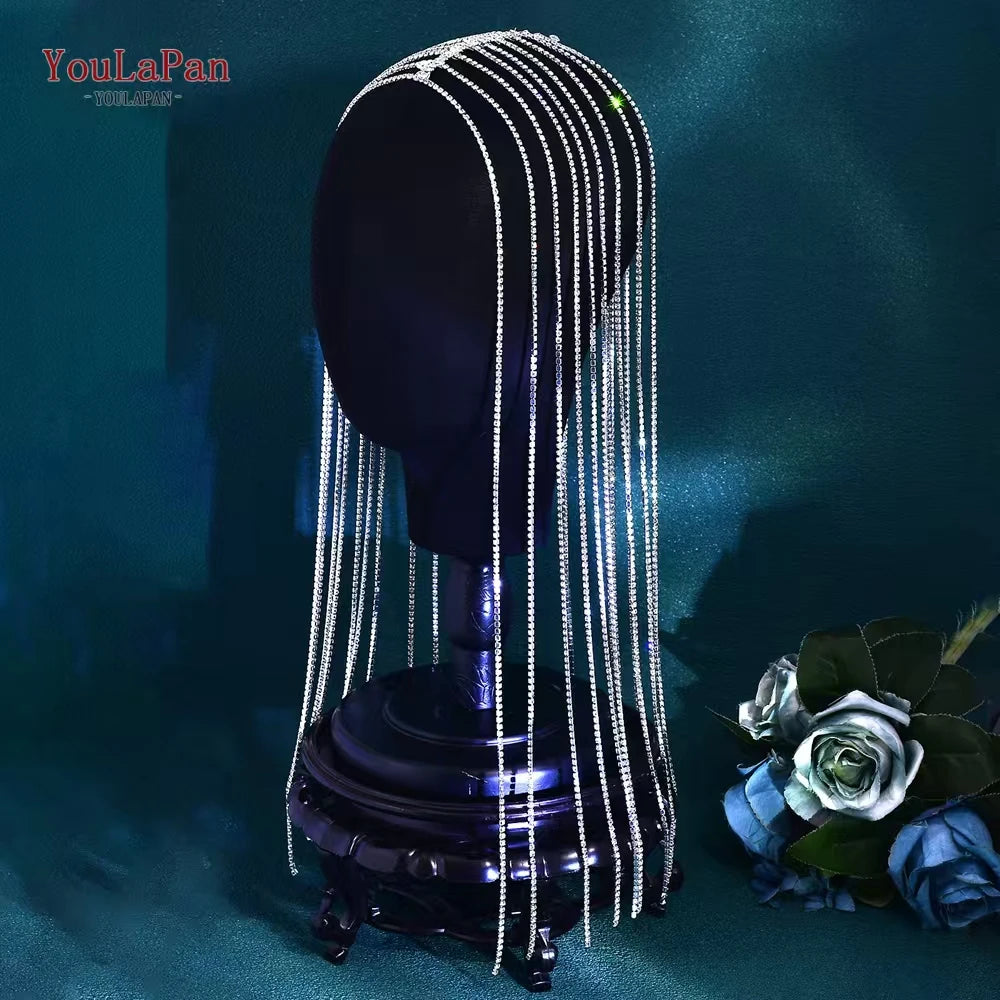 Diadema de novia de cadena de taladro morado oscuro con borlas plateadas