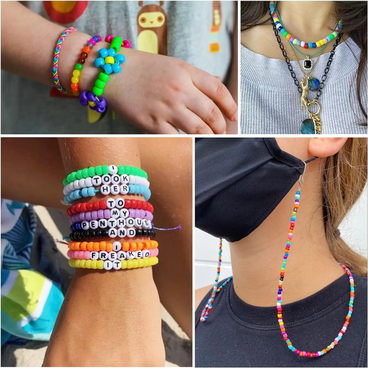 Close-up of hands wearing and making colorful acrylic pony beads for DIY jewelry