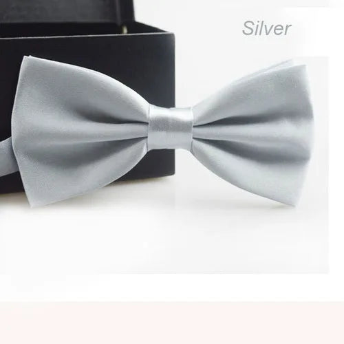 Nœud papillon classique argenté pour hommes sur fond sombre.