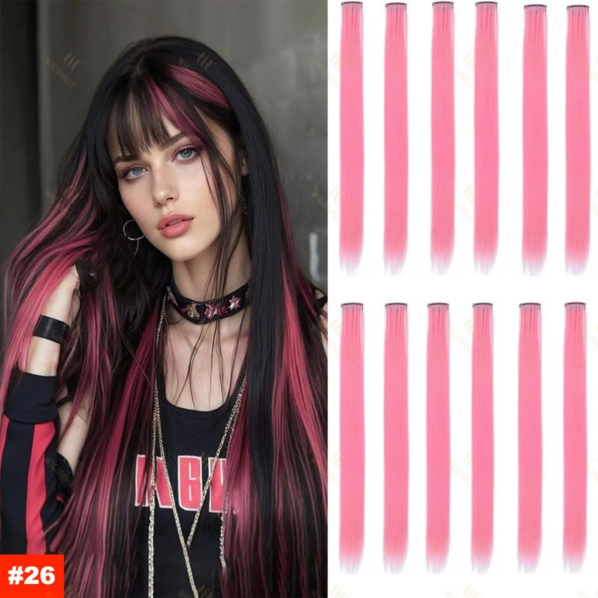 A woman with long, straight hair featuring pink and black ombre color, displayed alongside various lengths of extensions.