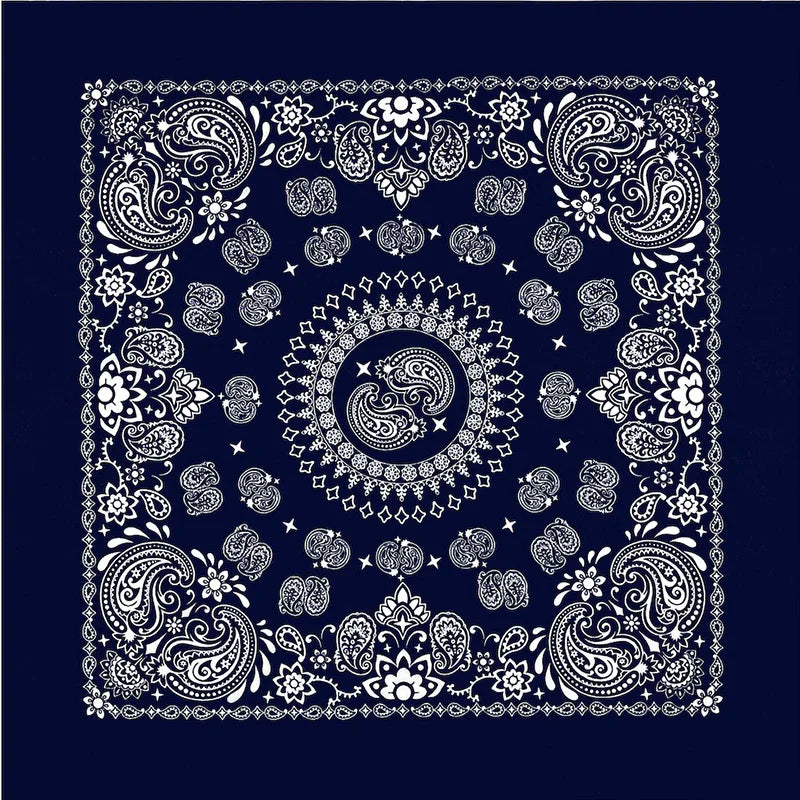 Intricate white paisley and floral mandala pattern on a dark blue background for an oversized cotton bandana scarf.