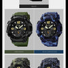Gros plan d'une montre sportive noire SKMEI avec un bracelet texturé et un affichage numérique.