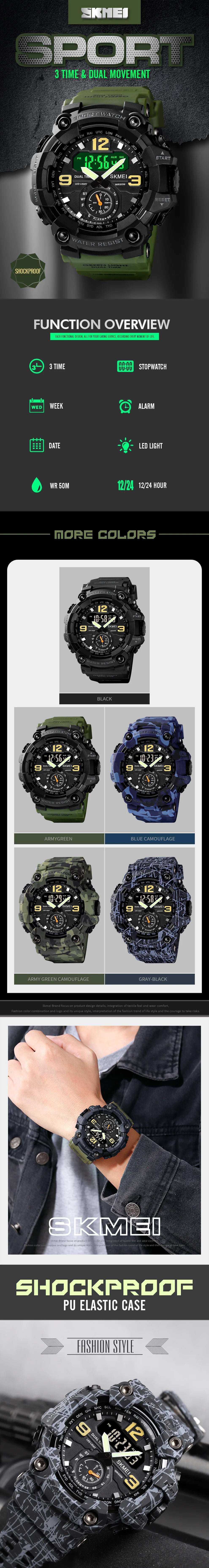 Gros plan d'une montre sportive noire SKMEI avec un bracelet texturé et un affichage numérique.