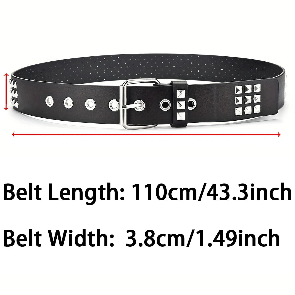 Black belt with square bead rivets and a silver buckle, showing dimensions.