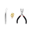 A set of jewelry findings including a silver pin, gold jump rings, and pliers with black handles.